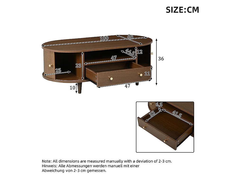 100 x 50 x 36 cmTable basse avec un tiroir et des espaces de rangement ouverts, équipée d'un volet roulant, 4 pieds, couleur noyer
