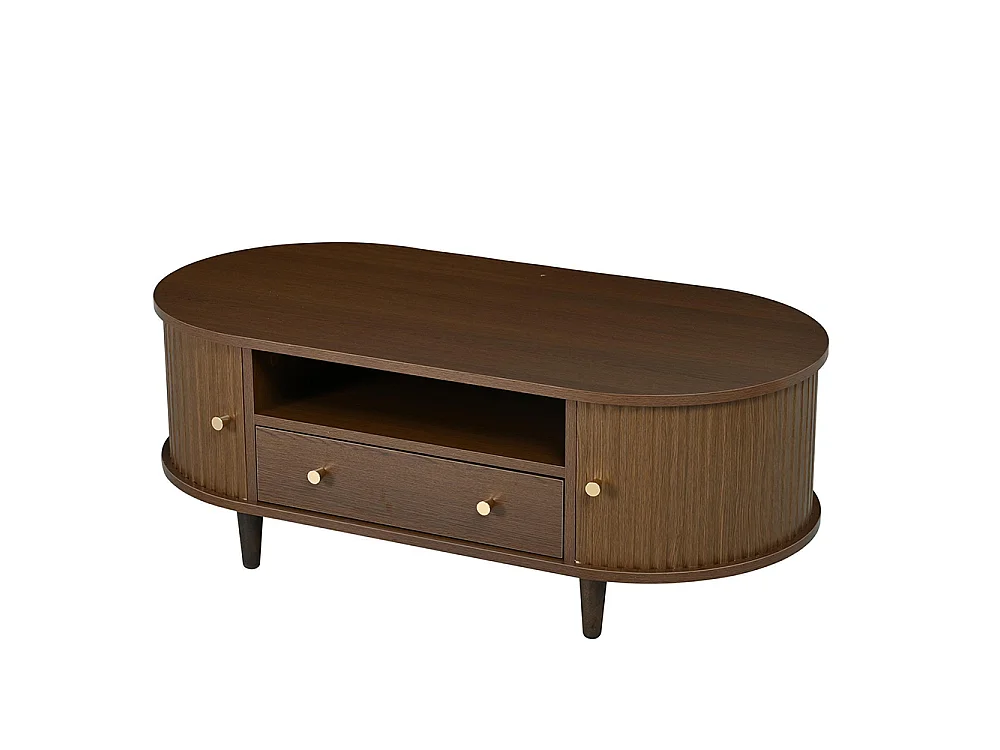 100 x 50 x 36 cmTable basse avec un tiroir et des espaces de rangement ouverts, équipée d'un volet roulant, 4 pieds, couleur noyer