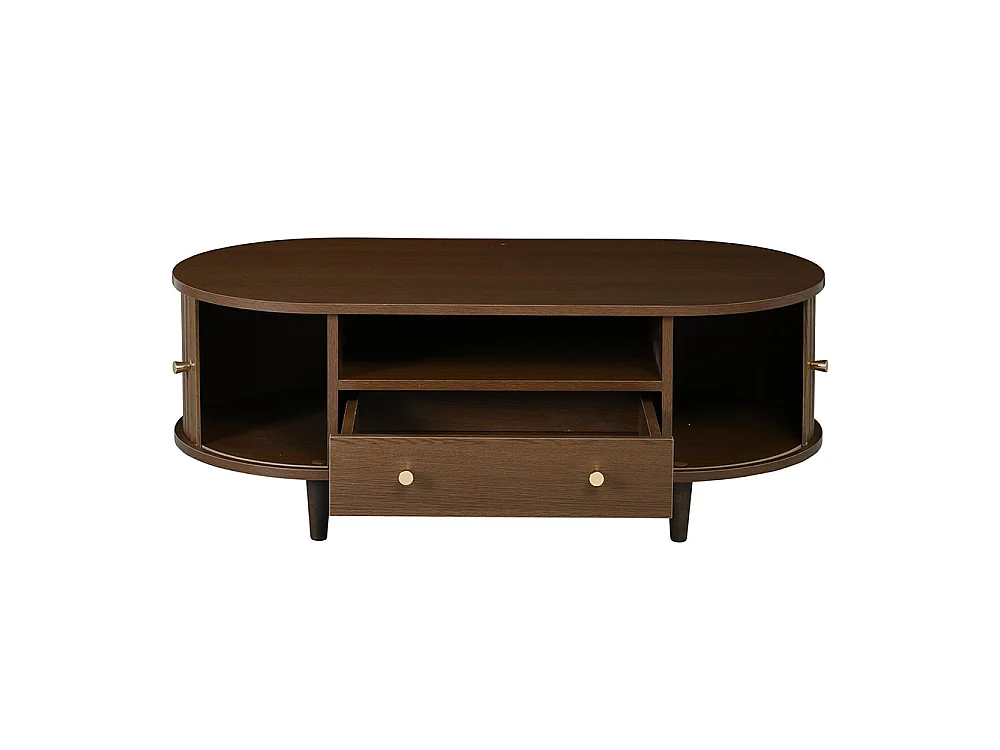 100 x 50 x 36 cmTable basse avec un tiroir et des espaces de rangement ouverts, équipée d'un volet roulant, 4 pieds, couleur noyer