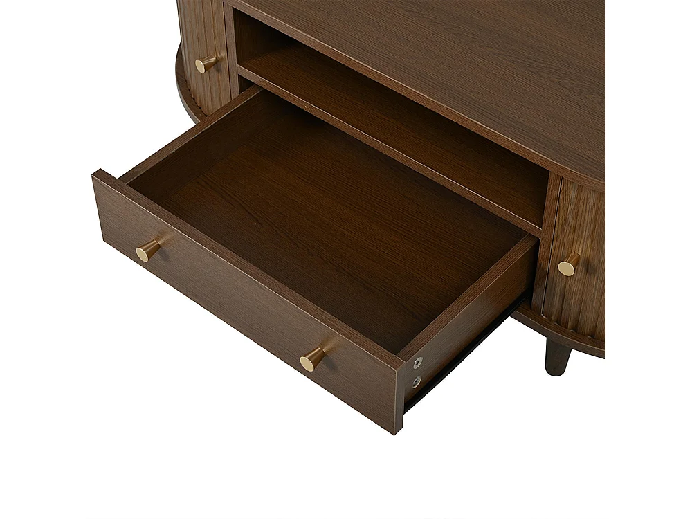100 x 50 x 36 cmTable basse avec un tiroir et des espaces de rangement ouverts, équipée d'un volet roulant, 4 pieds, couleur noyer