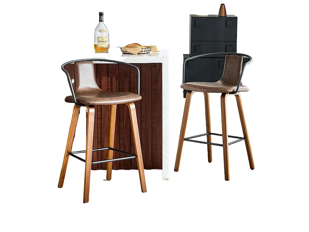 Conjunto de dois bancos, couro sintético, pés de madeira, apoio para os pés em metal, estilo nórdico moderno, castanho