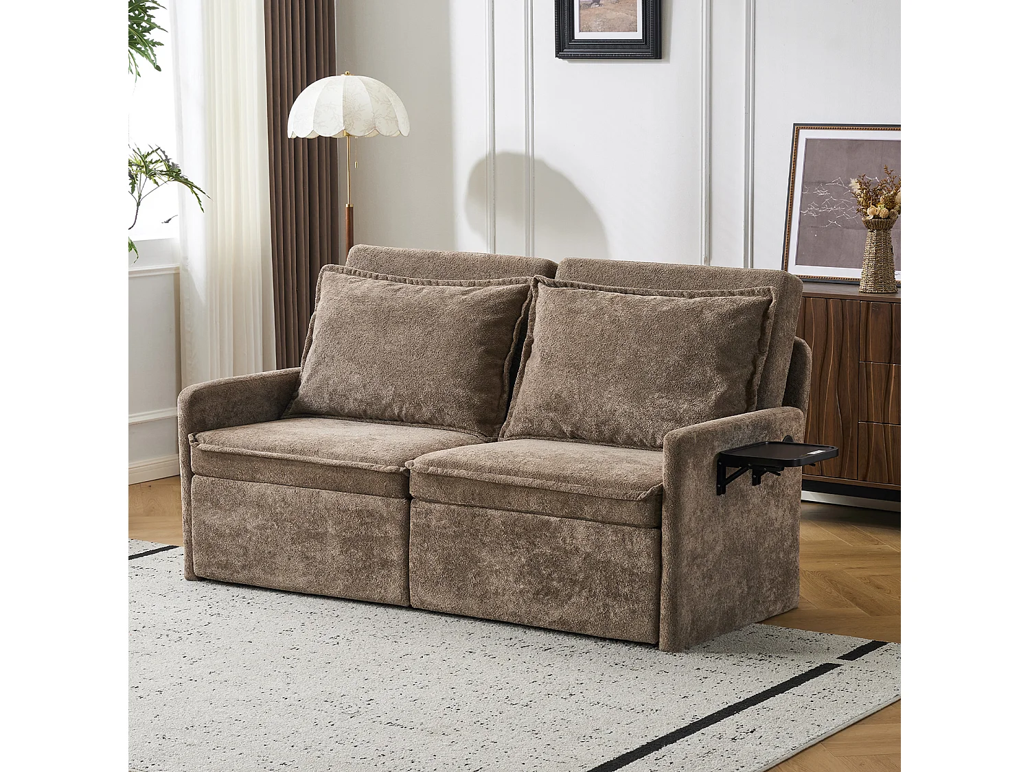 Canapé 2 places avec rangement en tissu chenille marron
