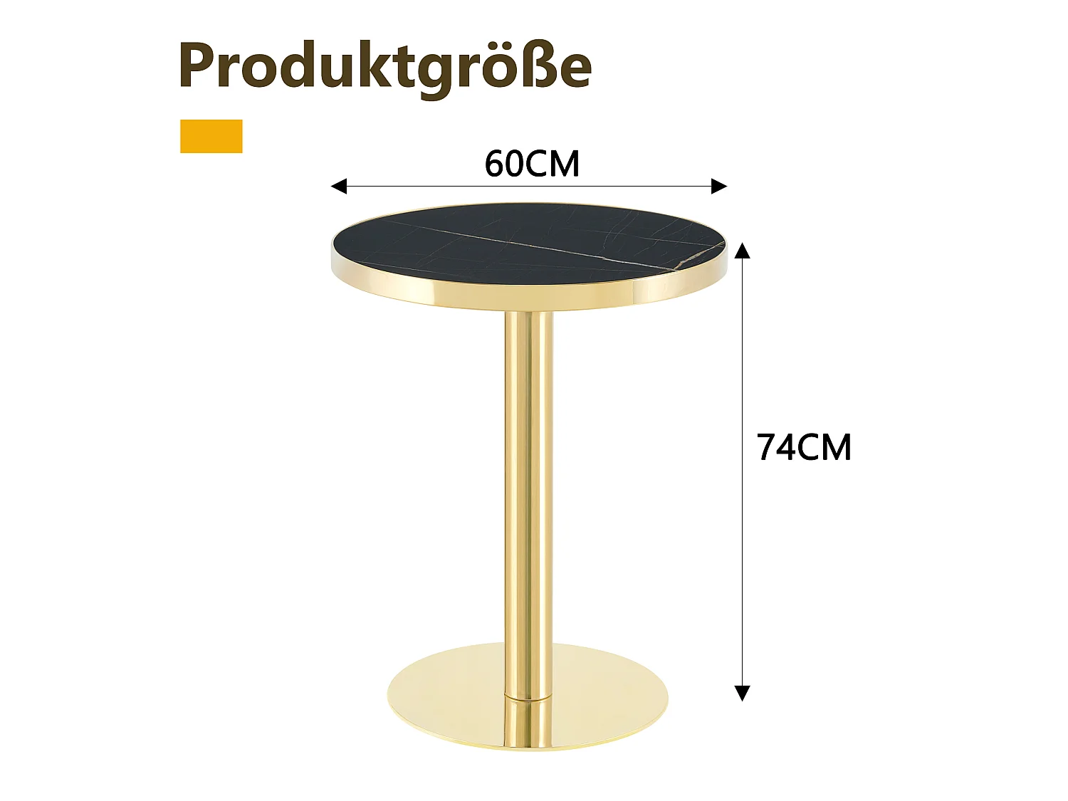 Table d'appoint ronde, avec un piètement en acier inoxydable doré, plateau à motif imitation marbre, noir et doré