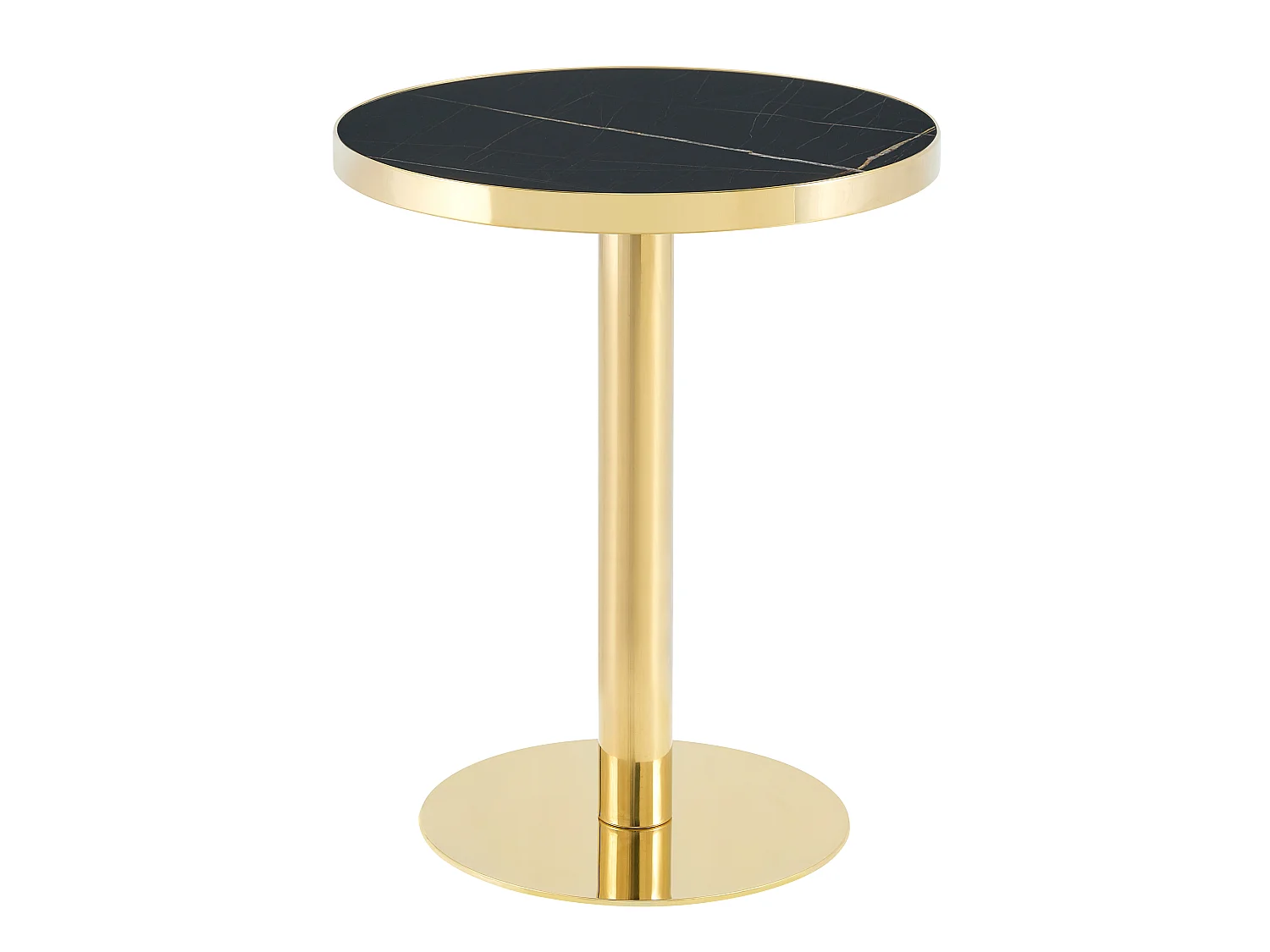 Table d'appoint ronde, avec un piètement en acier inoxydable doré, plateau à motif imitation marbre, noir et doré