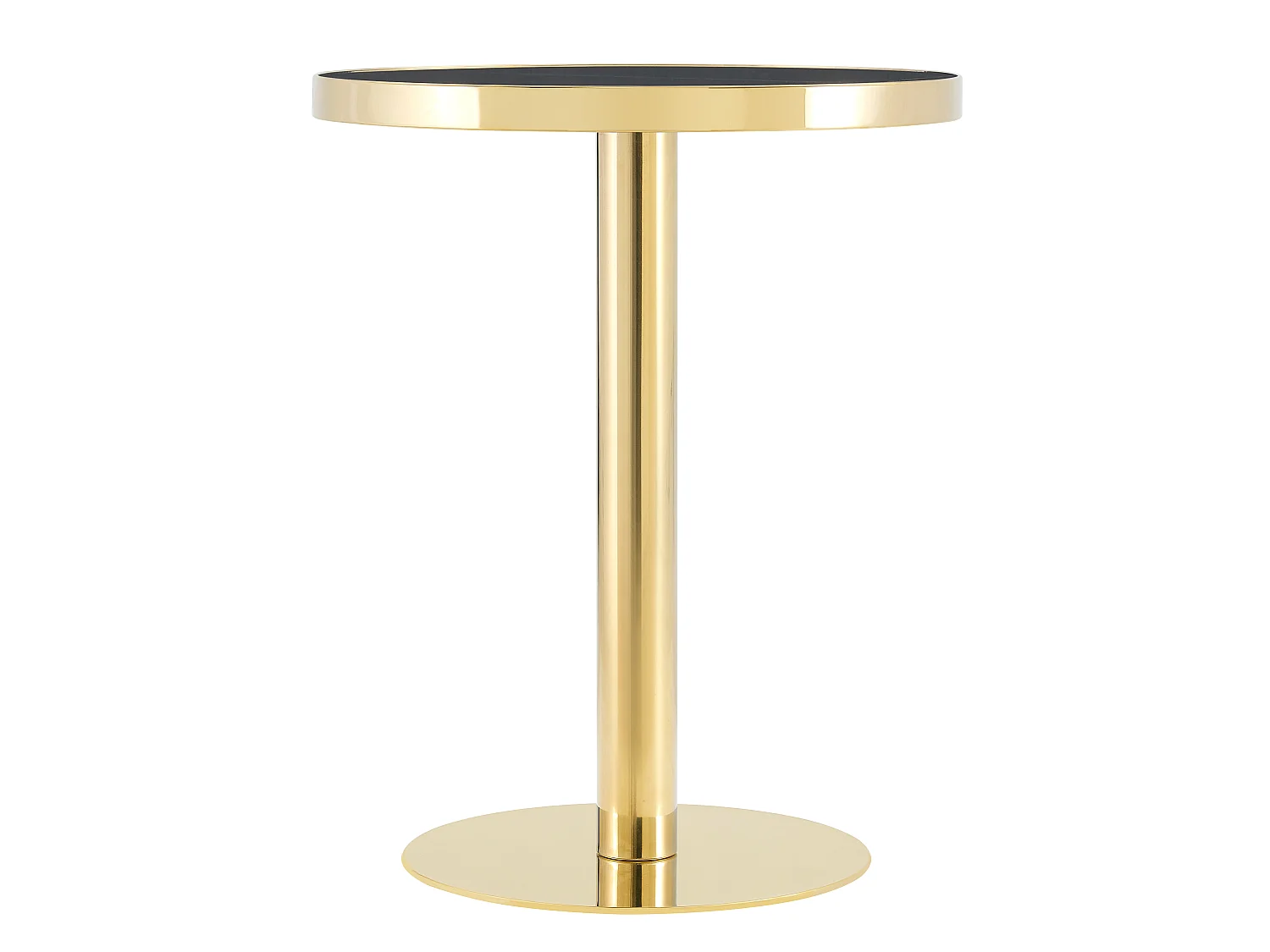 Table d'appoint ronde, avec un piètement en acier inoxydable doré, plateau à motif imitation marbre, noir et doré