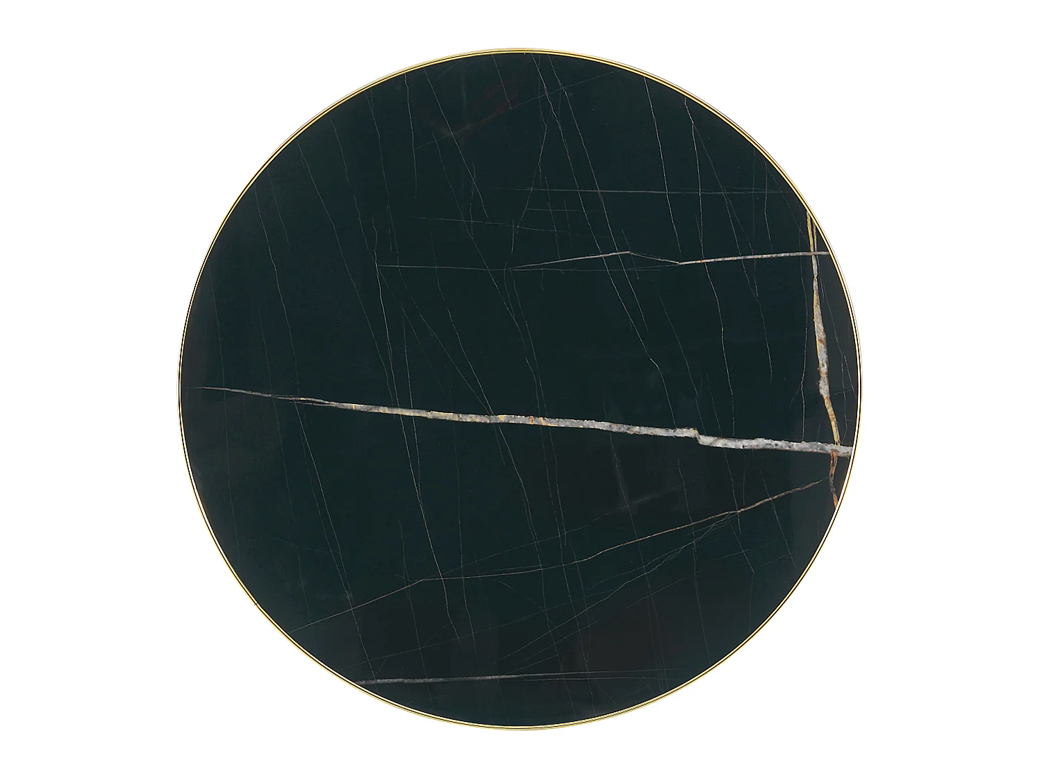 Table d'appoint ronde, avec un piètement en acier inoxydable doré, plateau à motif imitation marbre, noir et doré