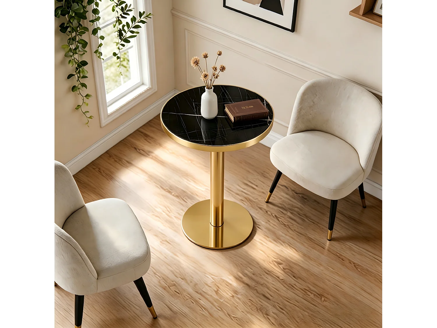 Table d'appoint ronde, avec un piètement en acier inoxydable doré, plateau à motif imitation marbre, noir et doré
