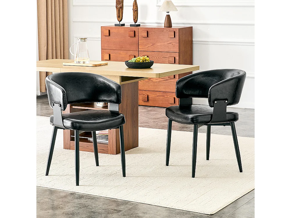 Eetkamerstoelen, set van 2, met afgeronde armleuningen, keukenstoelen van kunstleer, voorzien van stevige poten, zwart