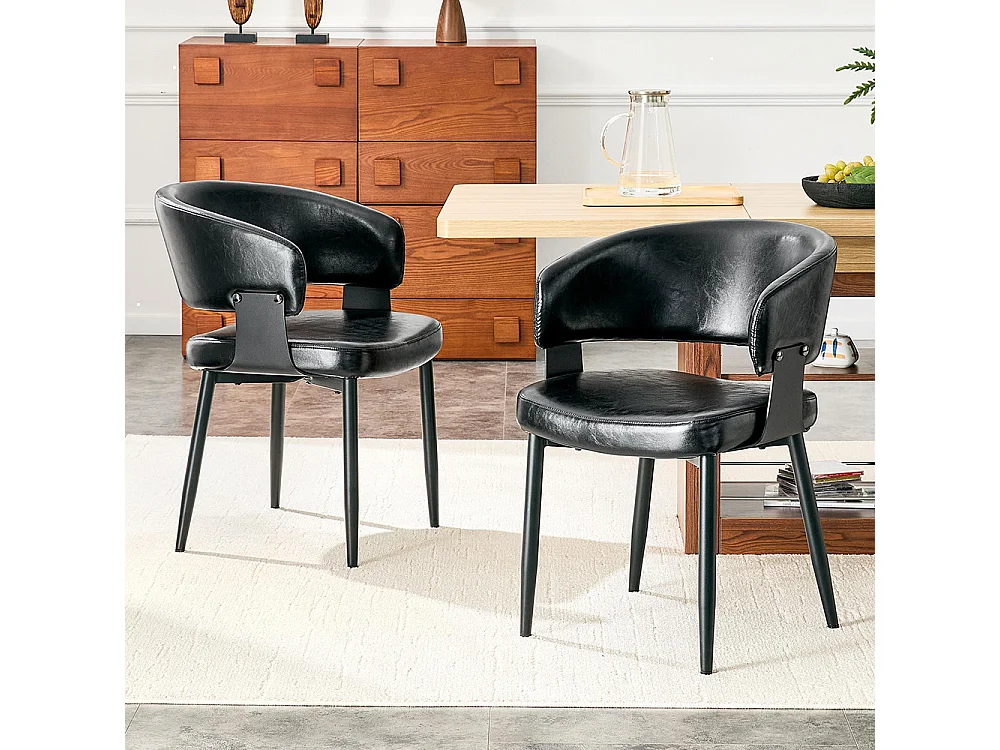 Eetkamerstoelen, set van 2, met afgeronde armleuningen, keukenstoelen van kunstleer, voorzien van stevige poten, zwart