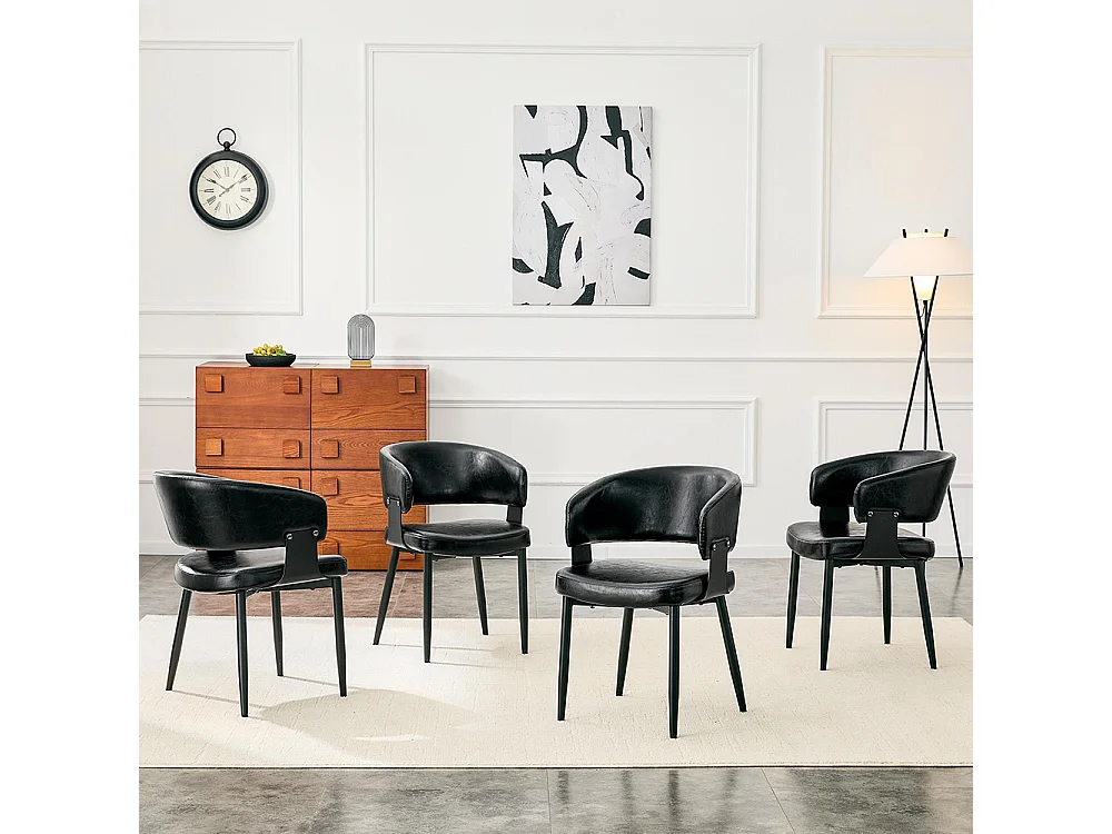 Eetkamerstoelen, set van 2, met afgeronde armleuningen, keukenstoelen van kunstleer, voorzien van stevige poten, zwart