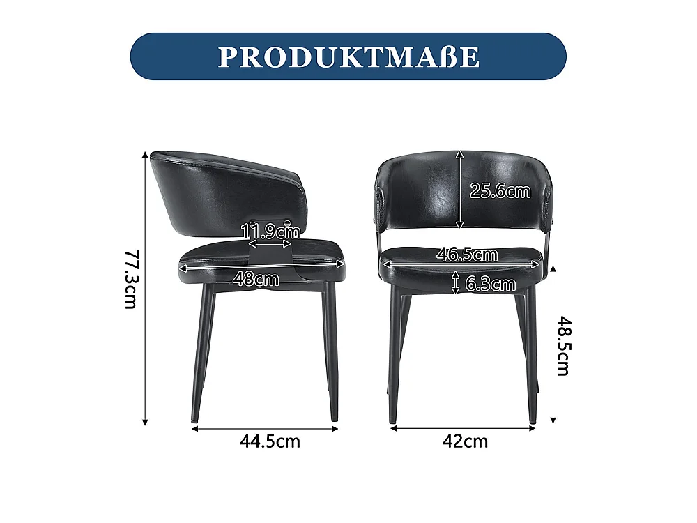 Eetkamerstoelen, set van 2, met afgeronde armleuningen, keukenstoelen van kunstleer, voorzien van stevige poten, zwart
