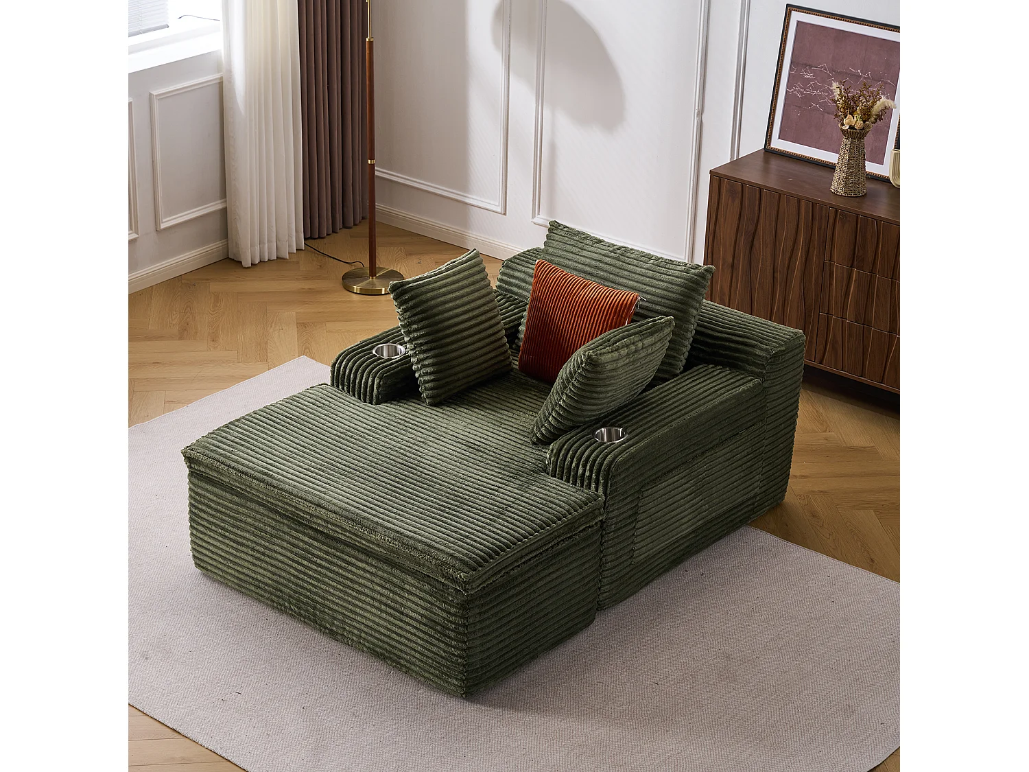 Canapé corduroy – montage facile, 3 coussins + porte-gobelets, coussin 2en1 couverture,vert