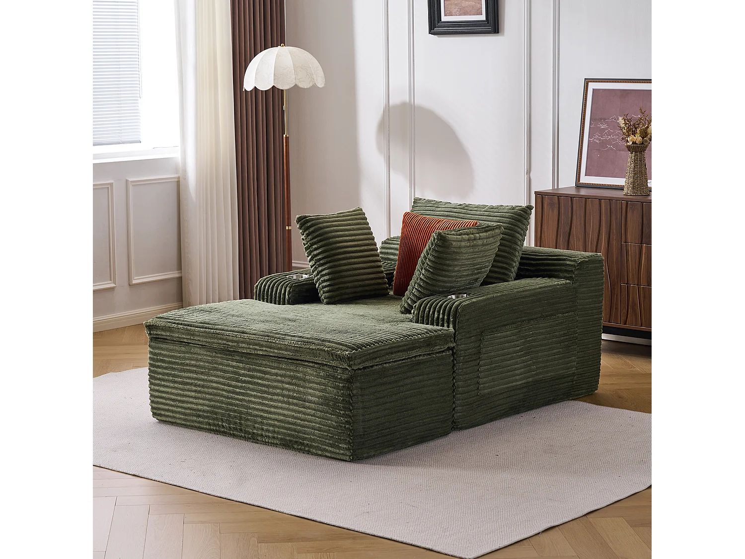 Canapé corduroy – montage facile, 3 coussins + porte-gobelets, coussin 2en1 couverture,vert