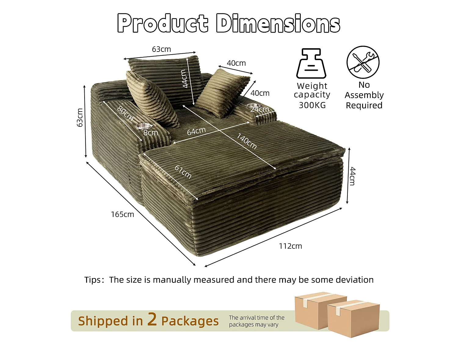 Canapé corduroy – montage facile, 3 coussins + porte-gobelets, coussin 2en1 couverture,vert