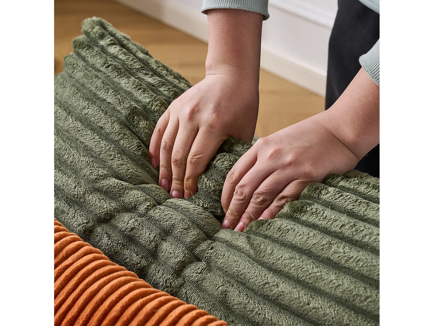 Canapé corduroy – montage facile, 3 coussins + porte-gobelets, coussin 2en1 couverture,vert