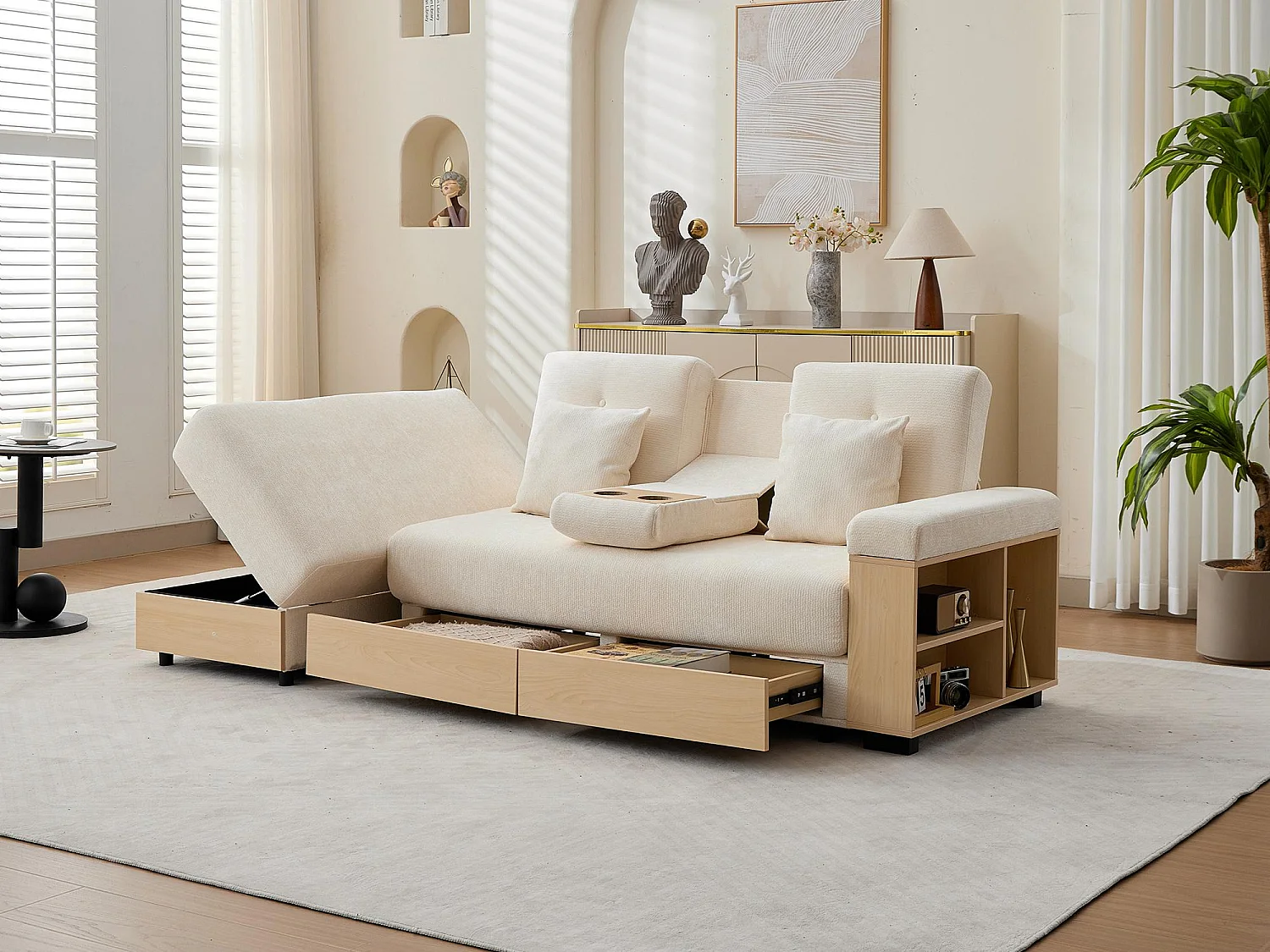 Canapé Convertible d'Angle en Chenille Beige - Design Moderne avec Coffre de Rangement Hydraulique, 2 Tiroirs et Porte-Gobelet - 217x110x90cm