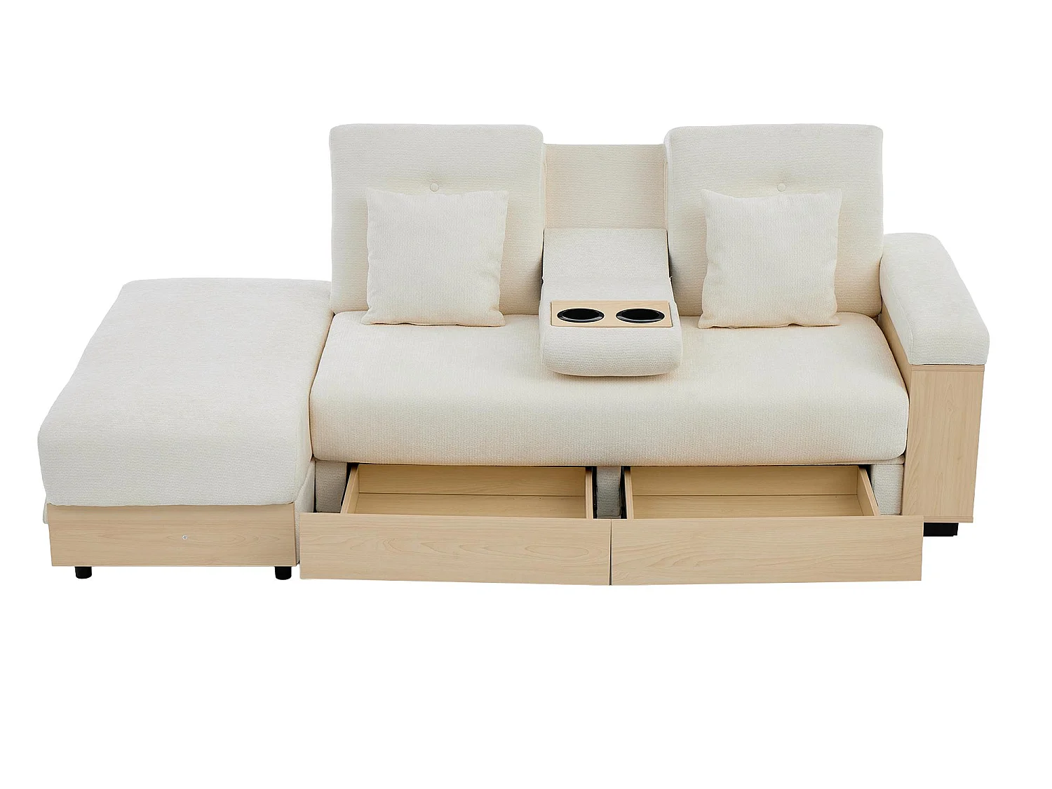 Canapé Convertible d'Angle en Chenille Beige - Design Moderne avec Coffre de Rangement Hydraulique, 2 Tiroirs et Porte-Gobelet - 217x110x90cm