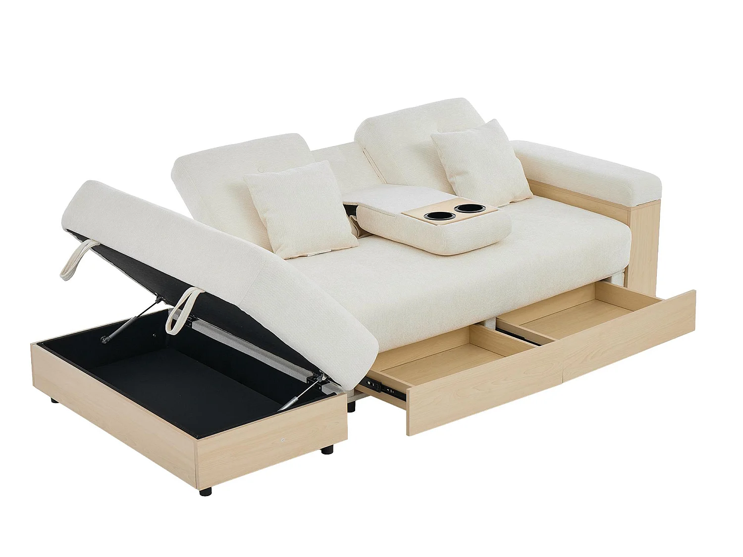 Canapé Convertible d'Angle en Chenille Beige - Design Moderne avec Coffre de Rangement Hydraulique, 2 Tiroirs et Porte-Gobelet - 217x110x90cm