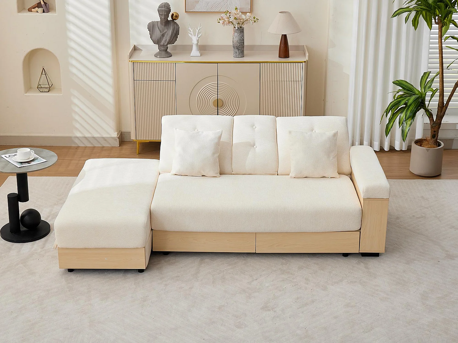 Canapé Convertible d'Angle en Chenille Beige - Design Moderne avec Coffre de Rangement Hydraulique, 2 Tiroirs et Porte-Gobelet - 217x110x90cm