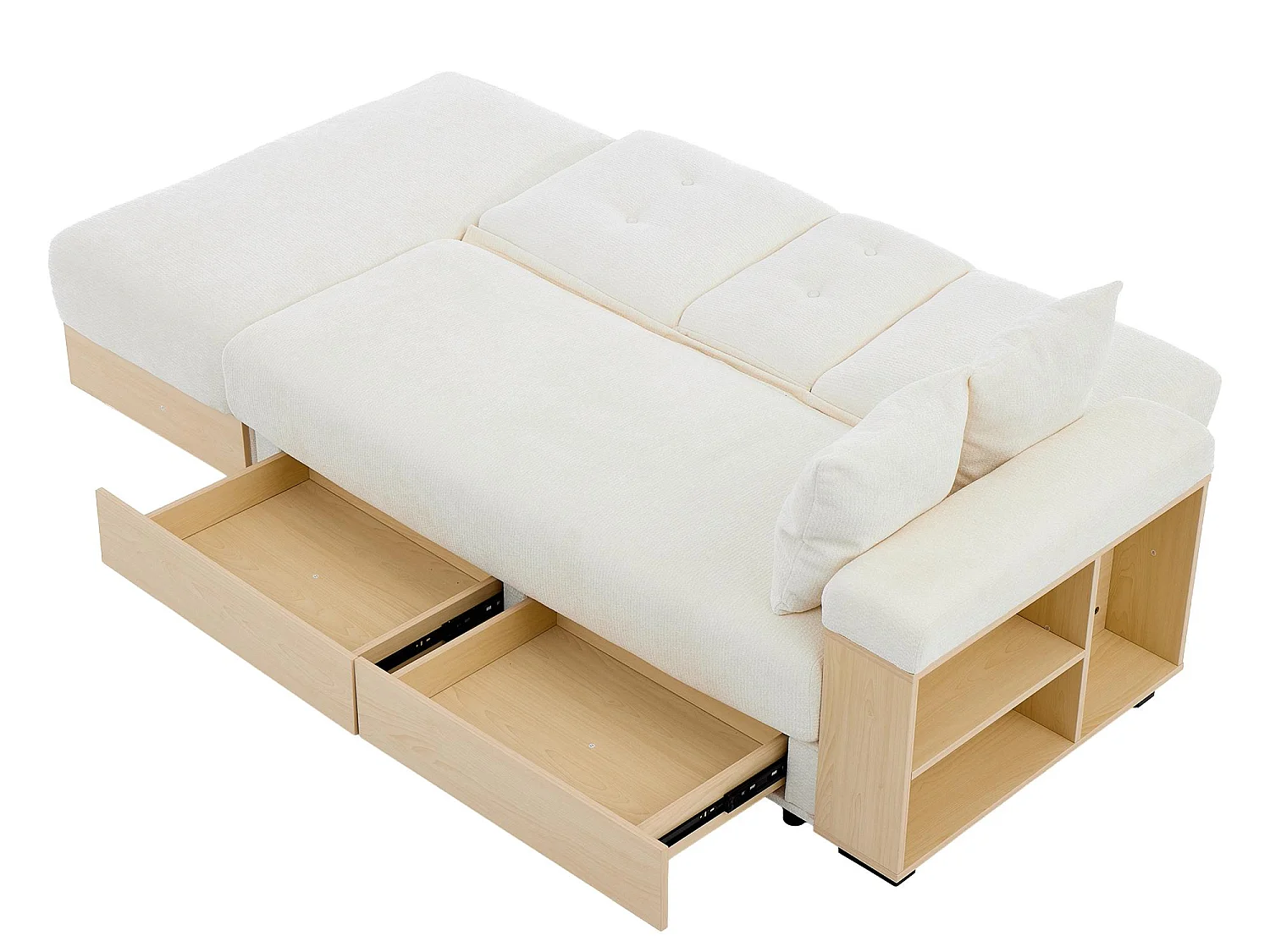 Canapé Convertible d'Angle en Chenille Beige - Design Moderne avec Coffre de Rangement Hydraulique, 2 Tiroirs et Porte-Gobelet - 217x110x90cm