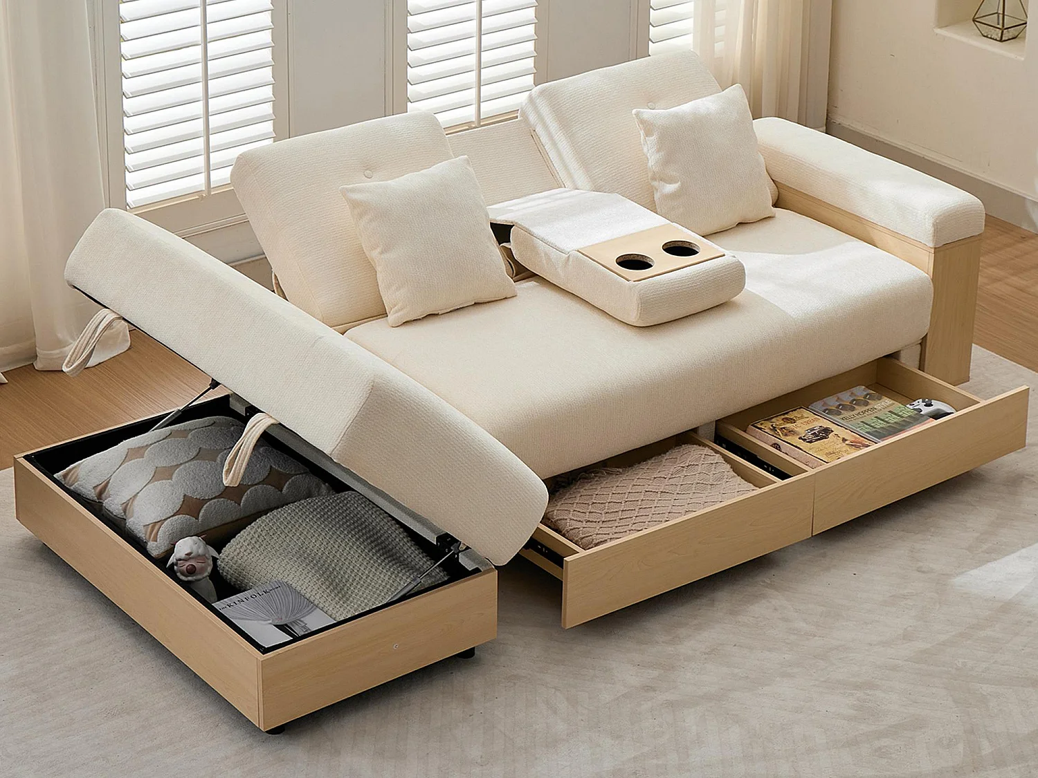 Canapé Convertible d'Angle en Chenille Beige - Design Moderne avec Coffre de Rangement Hydraulique, 2 Tiroirs et Porte-Gobelet - 217x110x90cm