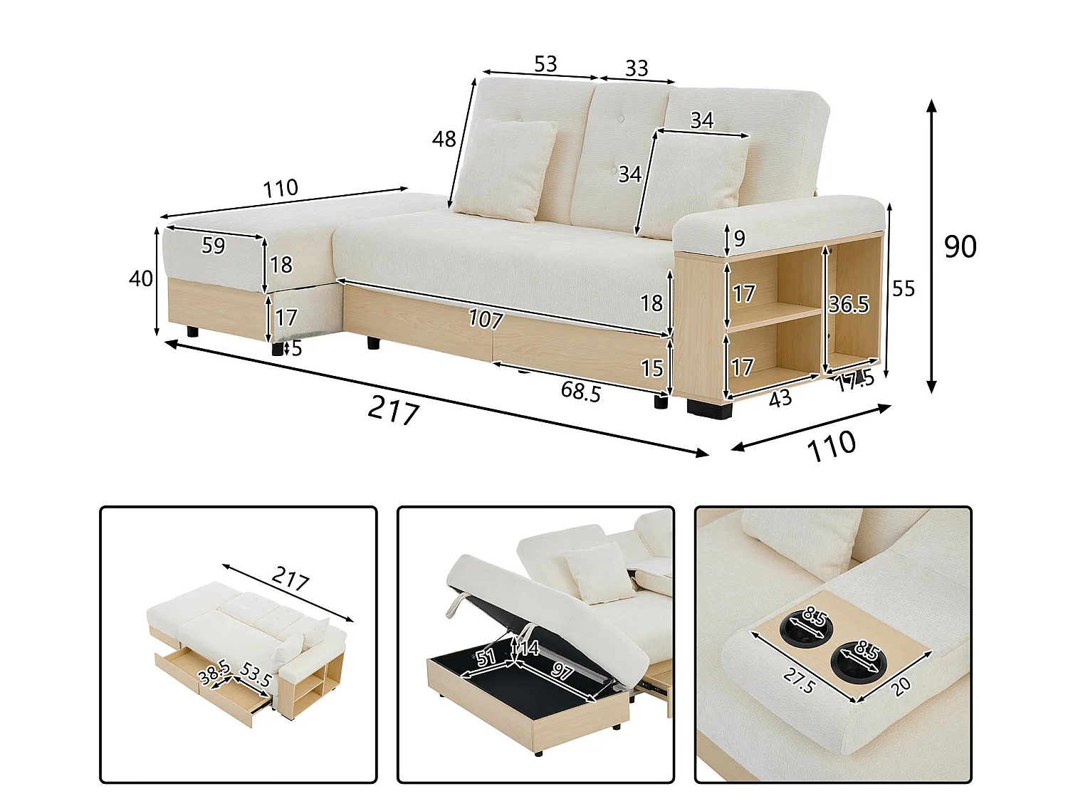Canapé Convertible d'Angle en Chenille Beige - Design Moderne avec Coffre de Rangement Hydraulique, 2 Tiroirs et Porte-Gobelet - 217x110x90cm