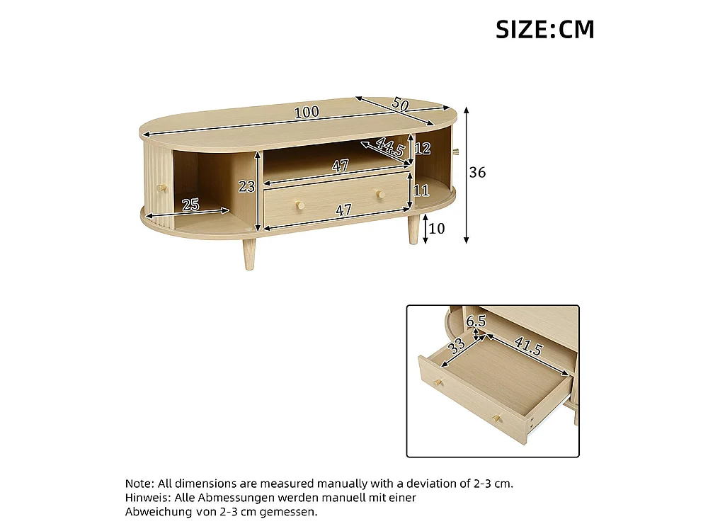 100 x 50 x 36 cmTable basse avec un tiroir et des espaces de rangement ouverts, équipée d'un volet roulant, 4 pieds, couleur chêne