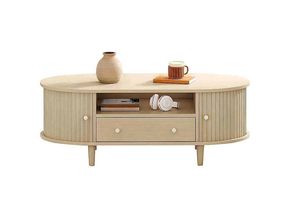 100 x 50 x 36 cmTable basse avec un tiroir et des espaces de rangement ouverts, équipée d'un volet roulant, 4 pieds, couleur chêne