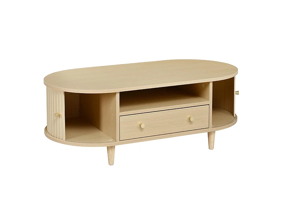 100 x 50 x 36 cmTable basse avec un tiroir et des espaces de rangement ouverts, équipée d'un volet roulant, 4 pieds, couleur chêne