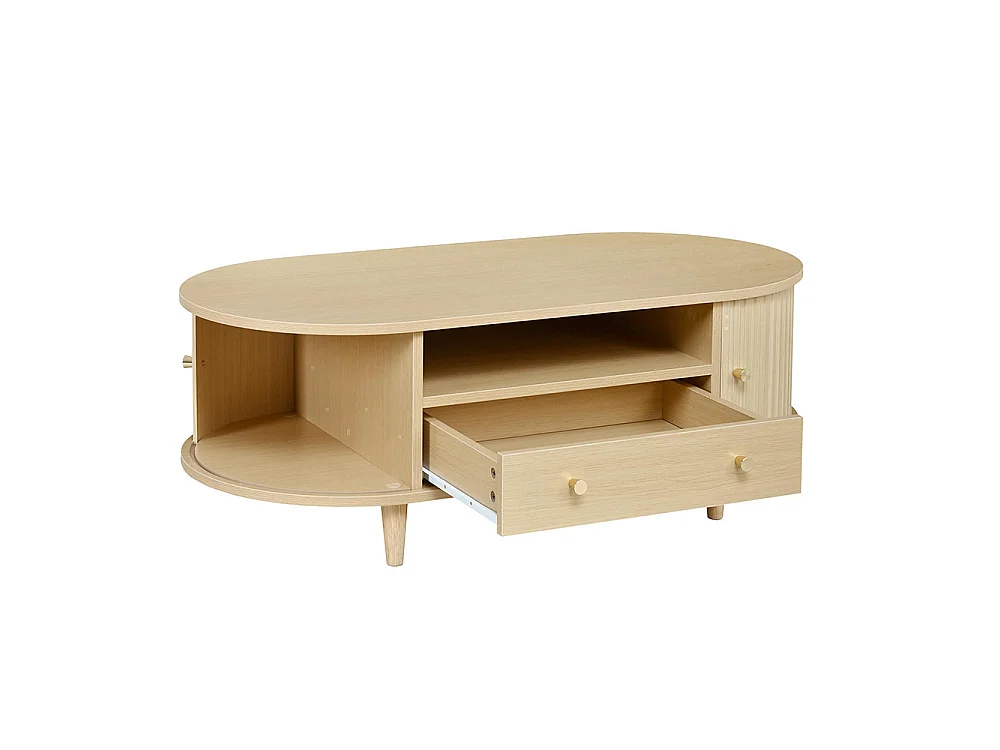 100 x 50 x 36 cmTable basse avec un tiroir et des espaces de rangement ouverts, équipée d'un volet roulant, 4 pieds, couleur chêne
