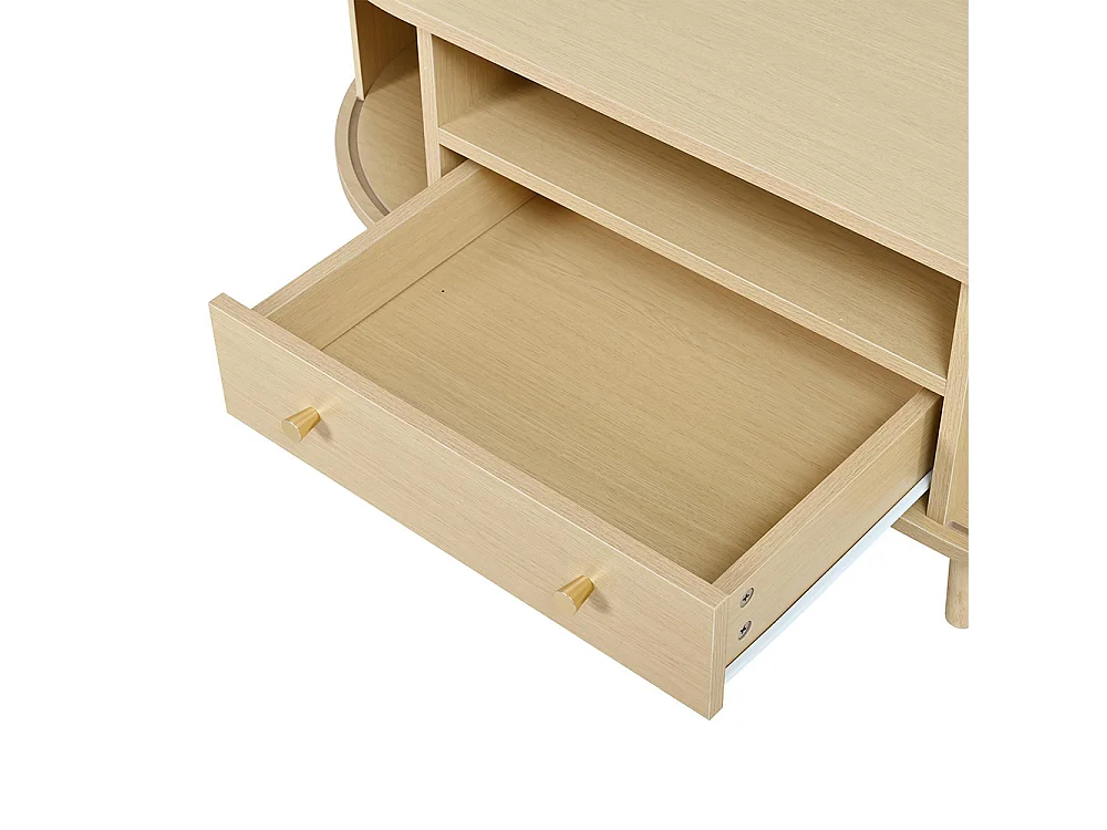 100 x 50 x 36 cmTable basse avec un tiroir et des espaces de rangement ouverts, équipée d'un volet roulant, 4 pieds, couleur chêne