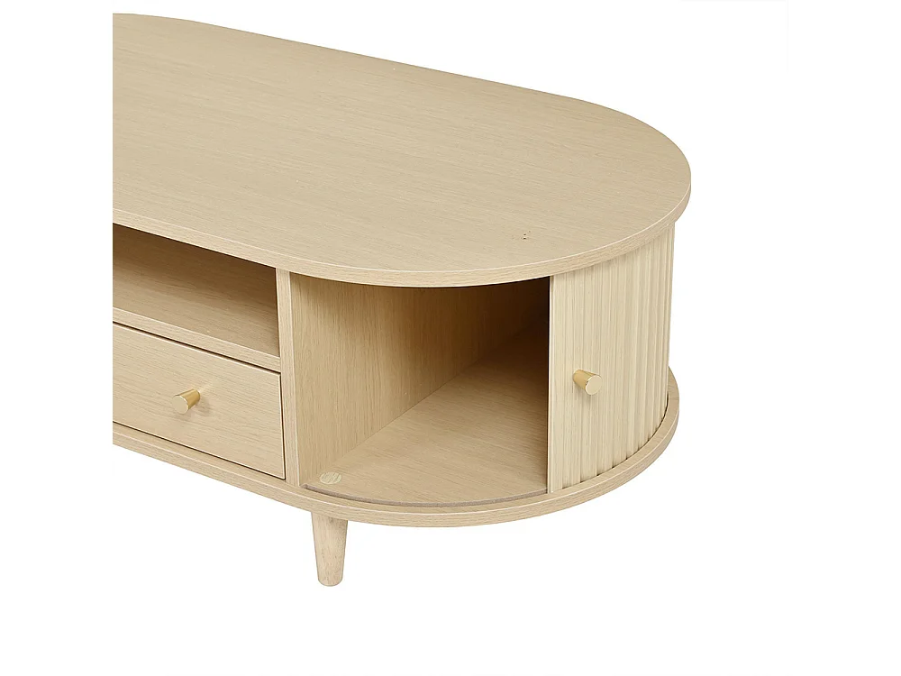 100 x 50 x 36 cmTable basse avec un tiroir et des espaces de rangement ouverts, équipée d'un volet roulant, 4 pieds, couleur chêne