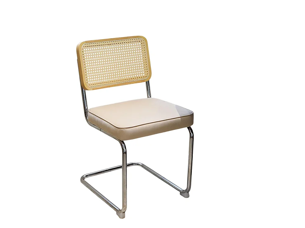Set eetkamerstoelen (set van 2), fluweel, stoelen met rieten patroon, verchroomde poten, beige