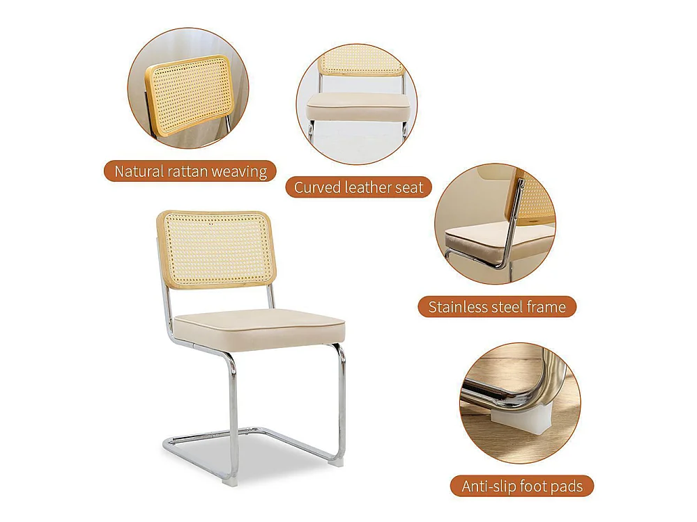 Set eetkamerstoelen (set van 2), fluweel, stoelen met rieten patroon, verchroomde poten, beige