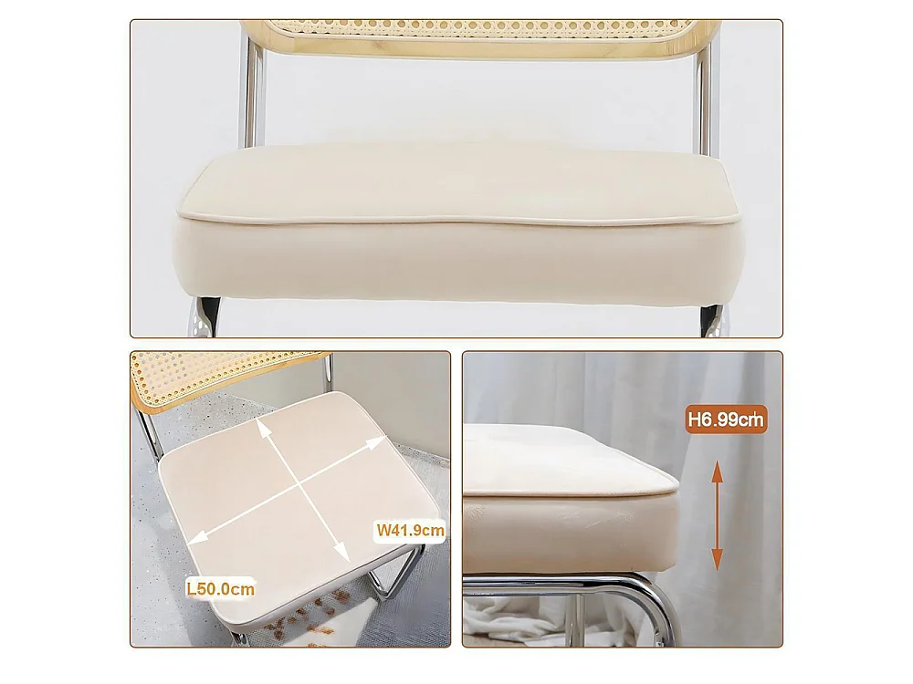 Set eetkamerstoelen (set van 2), fluweel, stoelen met rieten patroon, verchroomde poten, beige
