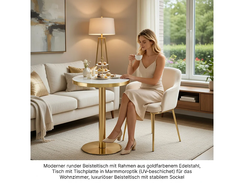 Table d'appoint ronde, avec un piètement en acier inoxydable doré, plateau à motif imitation marbre, blanc et doré