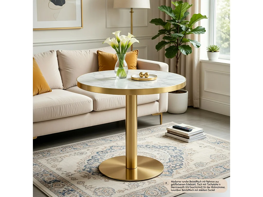 Table d'appoint ronde, avec un piètement en acier inoxydable doré, plateau à motif imitation marbre, blanc et doré