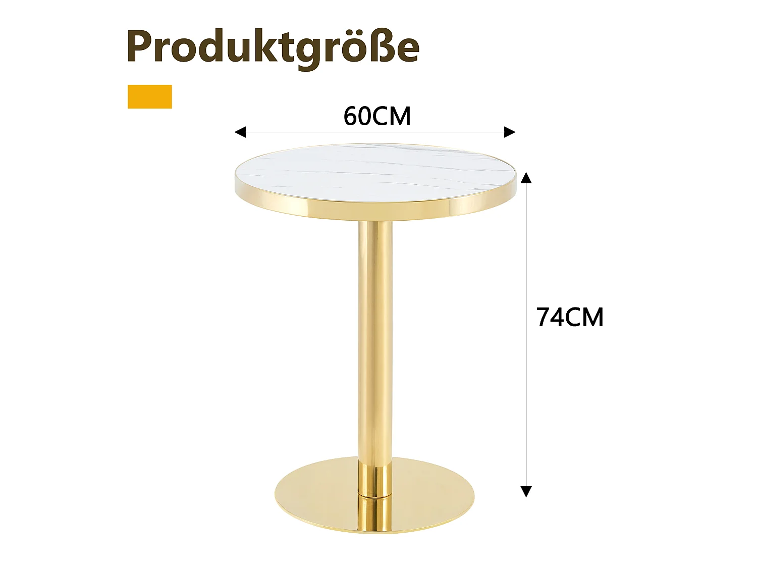 Table d'appoint ronde, avec un piètement en acier inoxydable doré, plateau à motif imitation marbre, blanc et doré