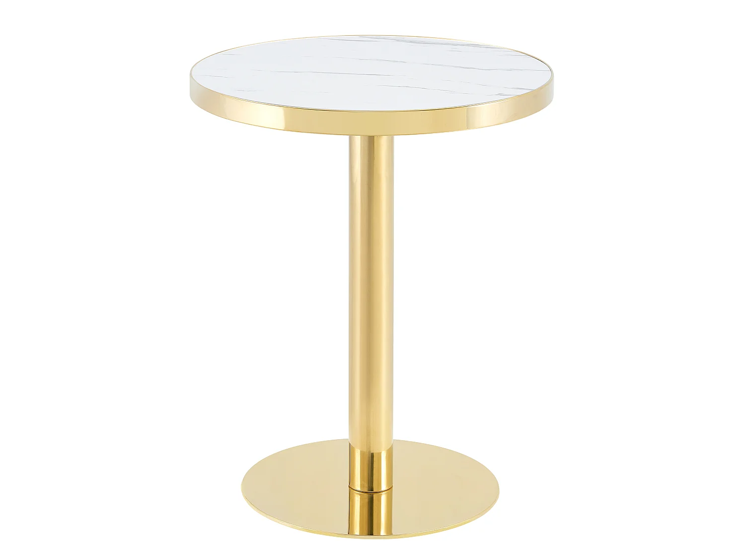 Table d'appoint ronde, avec un piètement en acier inoxydable doré, plateau à motif imitation marbre, blanc et doré