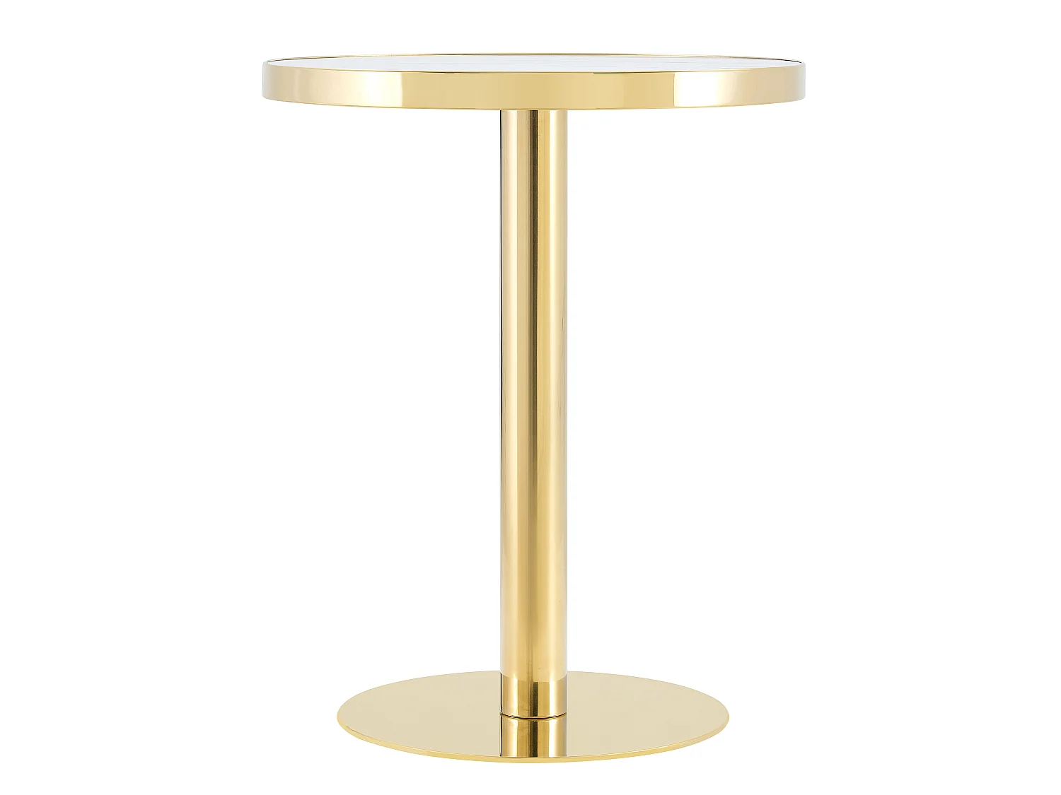 Table d'appoint ronde, avec un piètement en acier inoxydable doré, plateau à motif imitation marbre, blanc et doré