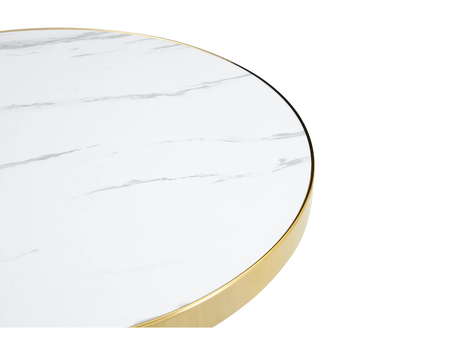 Table d'appoint ronde, avec un piètement en acier inoxydable doré, plateau à motif imitation marbre, blanc et doré
