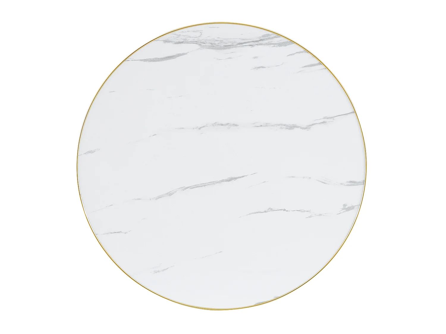 Table d'appoint ronde, avec un piètement en acier inoxydable doré, plateau à motif imitation marbre, blanc et doré