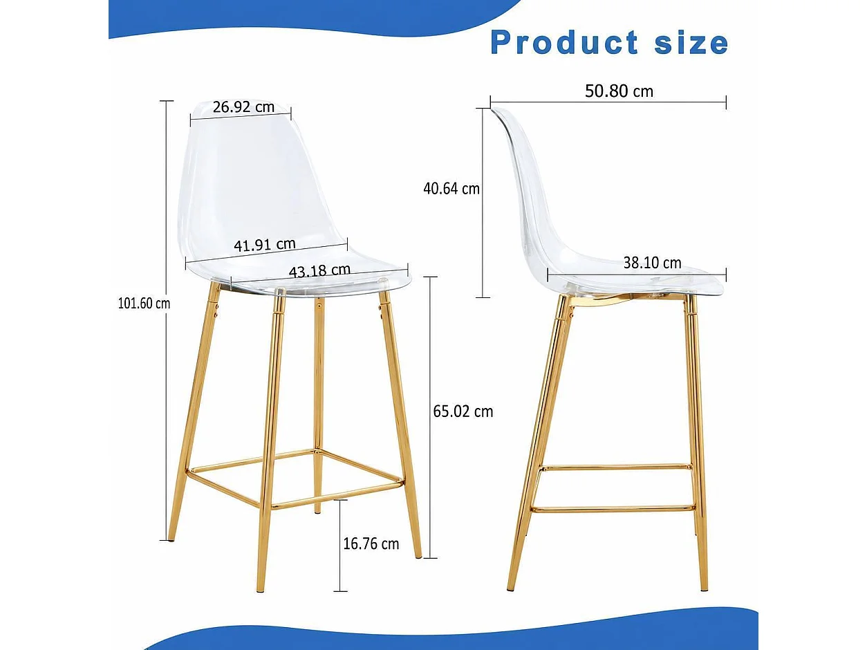 Set van 4 transparante krukken, met metalen frame (alleen krukken, tafel niet inbegrepen), goudkleurig