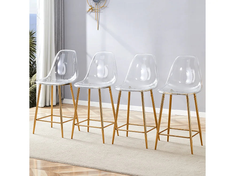 Set van 4 transparante krukken, met metalen frame (alleen krukken, tafel niet inbegrepen), goudkleurig