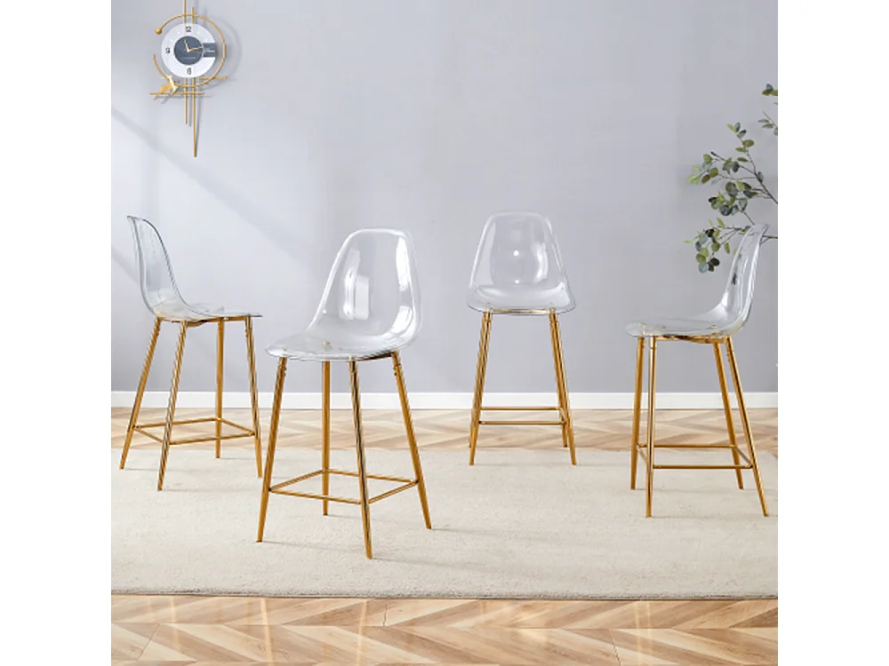 Set van 4 transparante krukken, met metalen frame (alleen krukken, tafel niet inbegrepen), goudkleurig