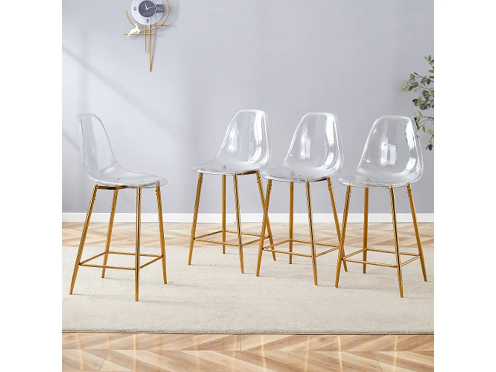 Set van 4 transparante krukken, met metalen frame (alleen krukken, tafel niet inbegrepen), goudkleurig