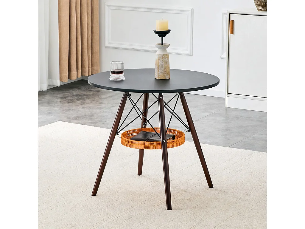 Mesa de jantar redonda, tampo branco, pés cor de nogueira, com uma estrutura de arrumação suspensa em vime, nogueira + preto