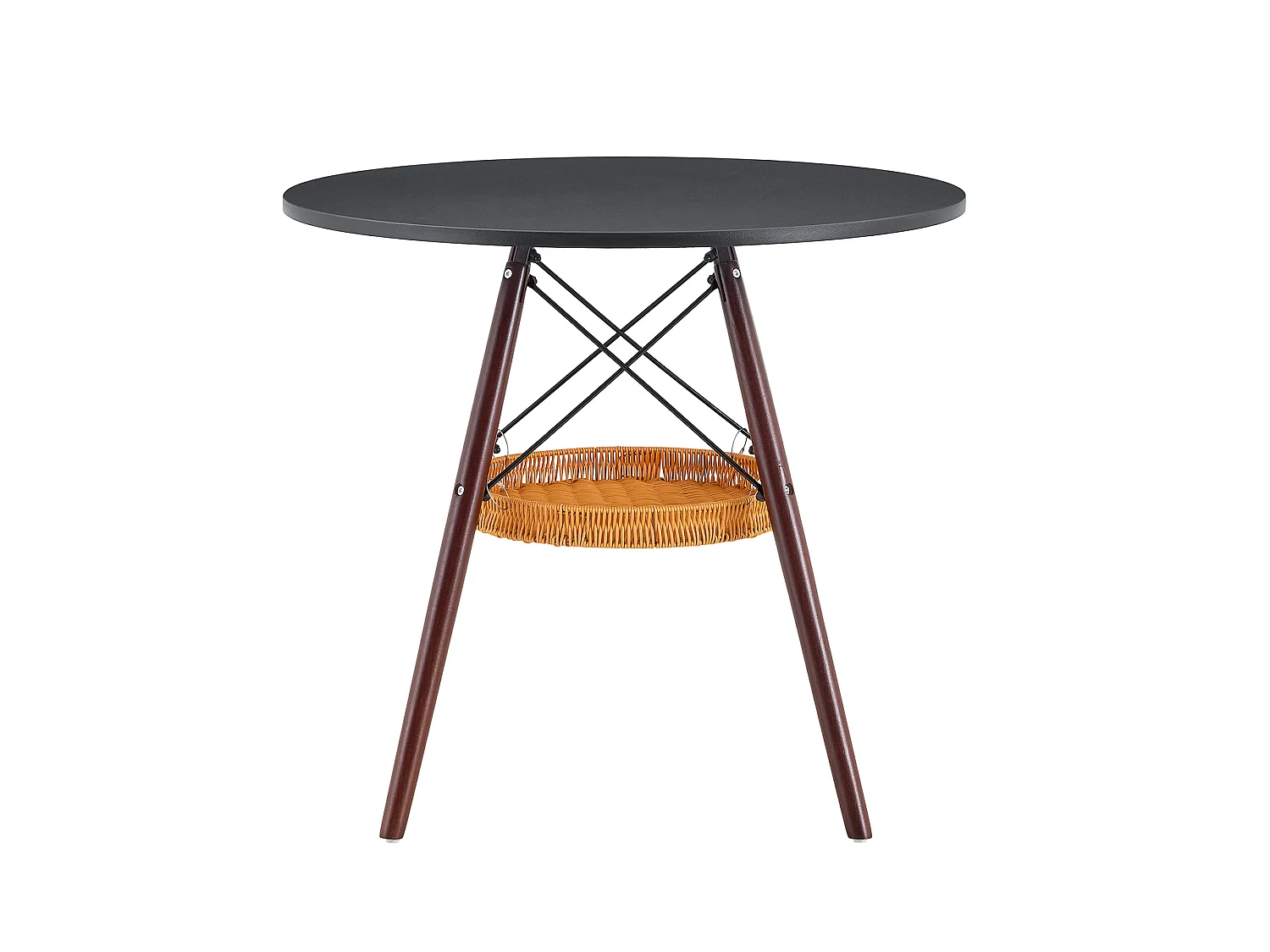 Mesa de jantar redonda, tampo branco, pés cor de nogueira, com uma estrutura de arrumação suspensa em vime, nogueira + preto