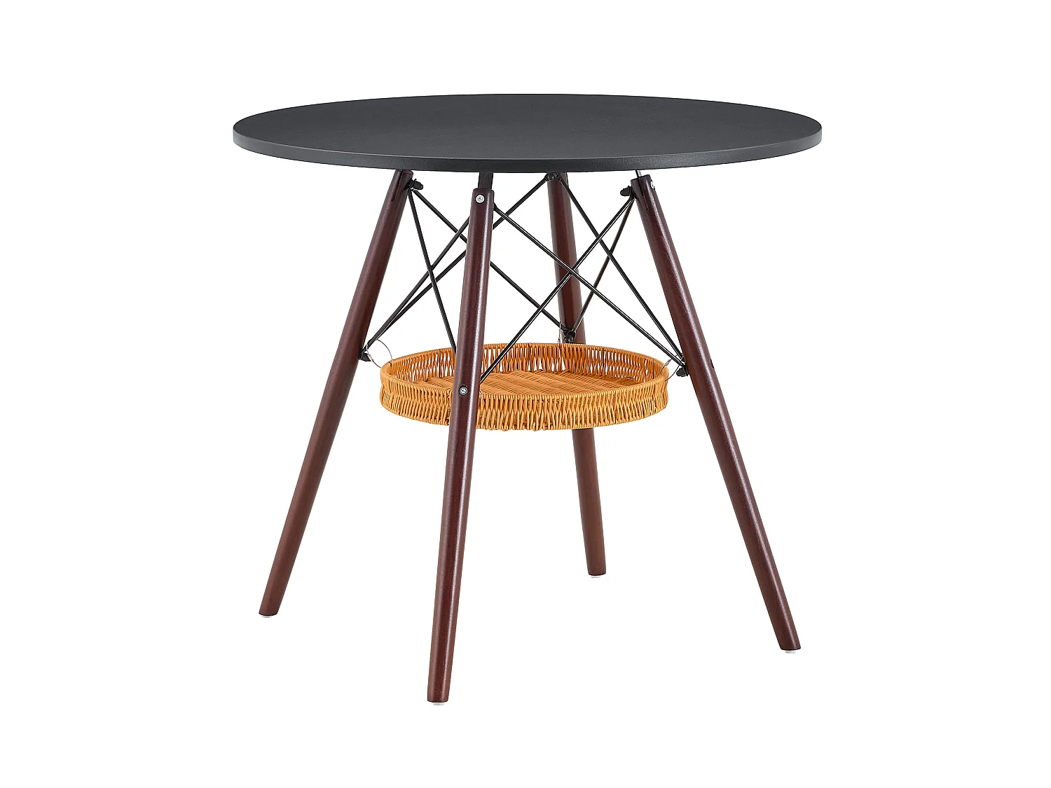 Mesa de jantar redonda, tampo branco, pés cor de nogueira, com uma estrutura de arrumação suspensa em vime, nogueira + preto