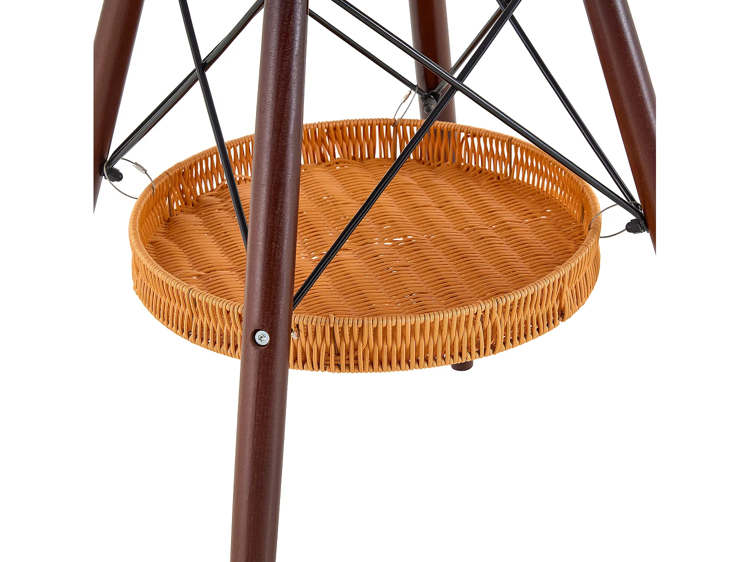 Mesa de jantar redonda, tampo branco, pés cor de nogueira, com uma estrutura de arrumação suspensa em vime, nogueira + preto